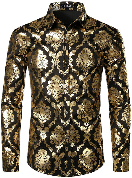 Men's Luxury Baroque Shiny Gold & White Long Sleeve Button Up Shirt