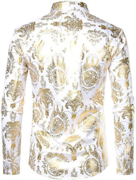 Men's Luxury Baroque Shiny White Paint Long Sleeve Button Up Shirt