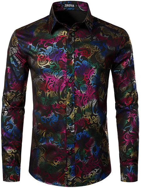 Men's Luxury Black Multicolored Long Sleeve Button up Shirt