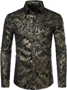 Men's Luxury Black Gold Long Sleeve Button up Shirt