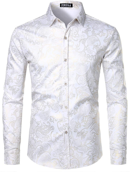 Men's Luxury White Gold Long Sleeve Button up Shirt