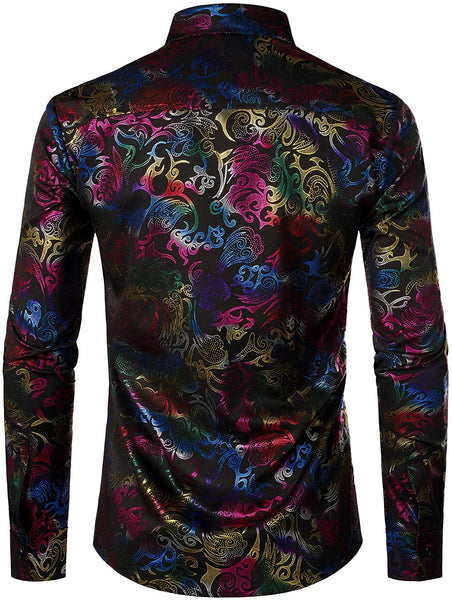 Men's Luxury Black Multicolored Long Sleeve Button up Shirt