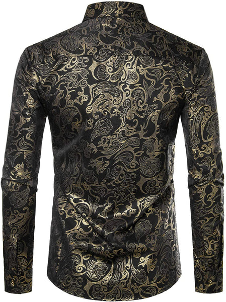 Men's Luxury Black Gold Long Sleeve Button up Shirt