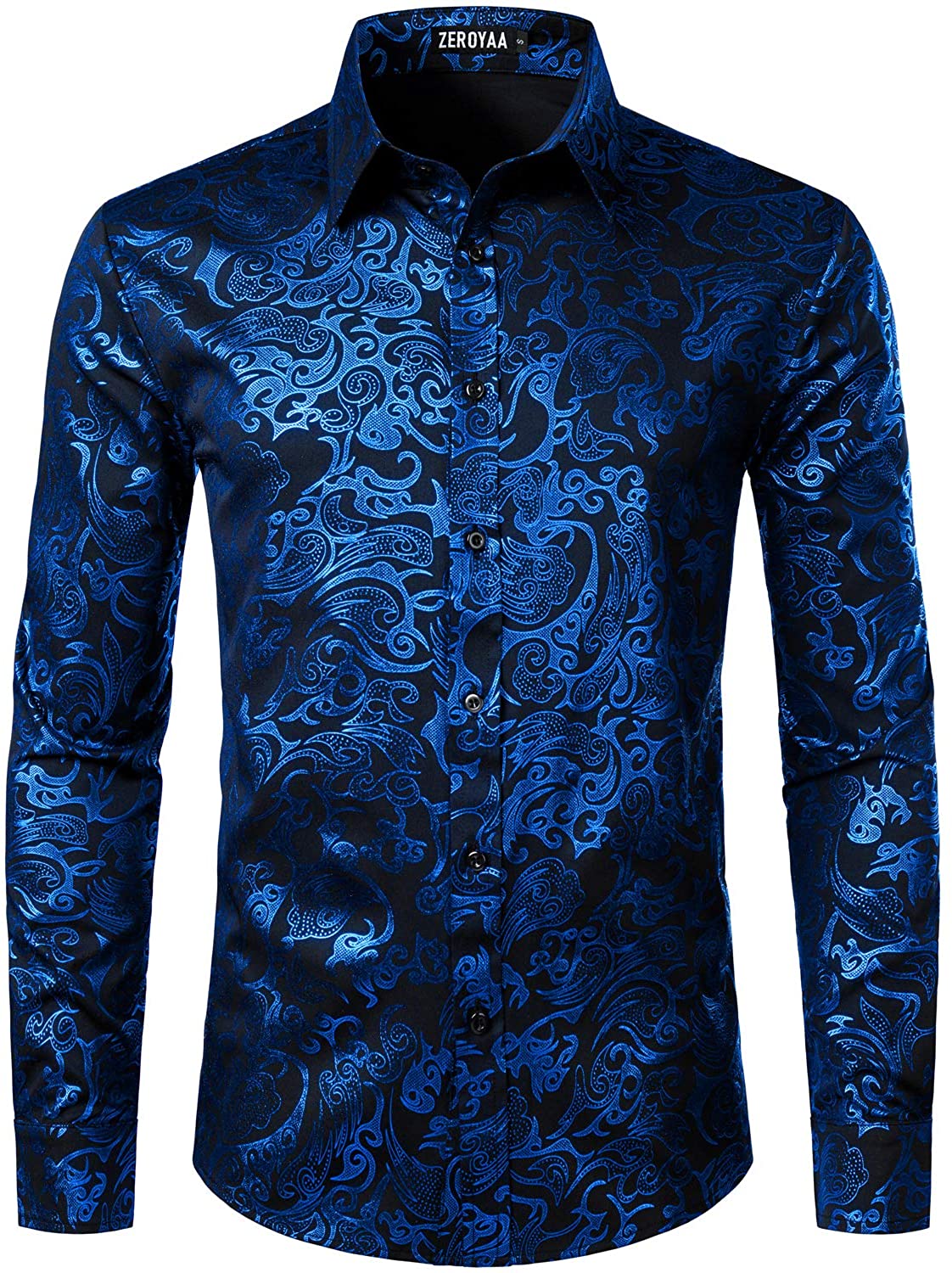 Men's Long Sleeve Royal Blue Paisley Printed Dress Shirt