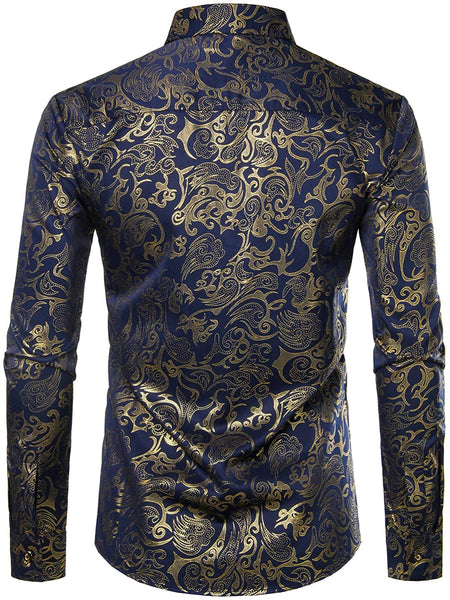 Men's Long Sleeve Navy-Gold Paisley Printed Dress Shirt