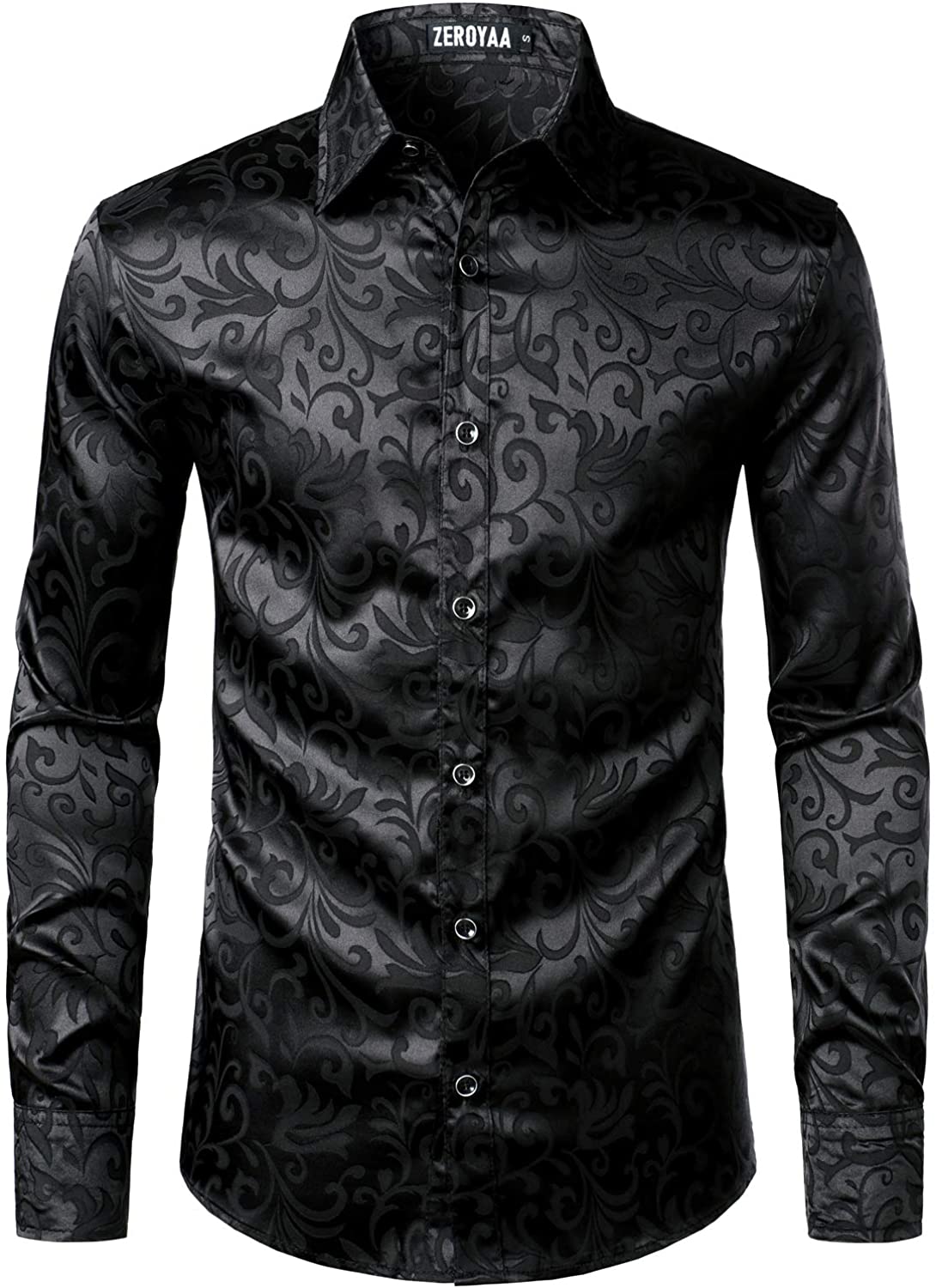 Men's Shiny Satin Black Printed Long Sleeve Dress Shirt