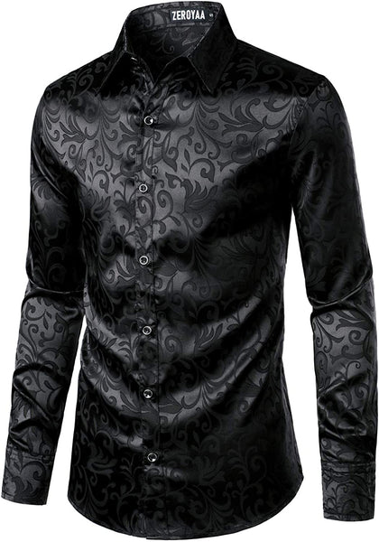 Men's Shiny Satin Black Printed Long Sleeve Dress Shirt