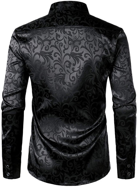 Men's Shiny Satin Black Printed Long Sleeve Dress Shirt