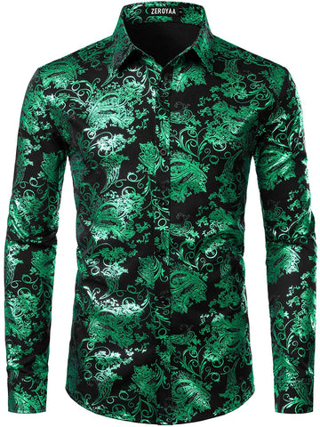 Men's Long Sleeve Black Dark Green Paisley Printed Dress Shirt