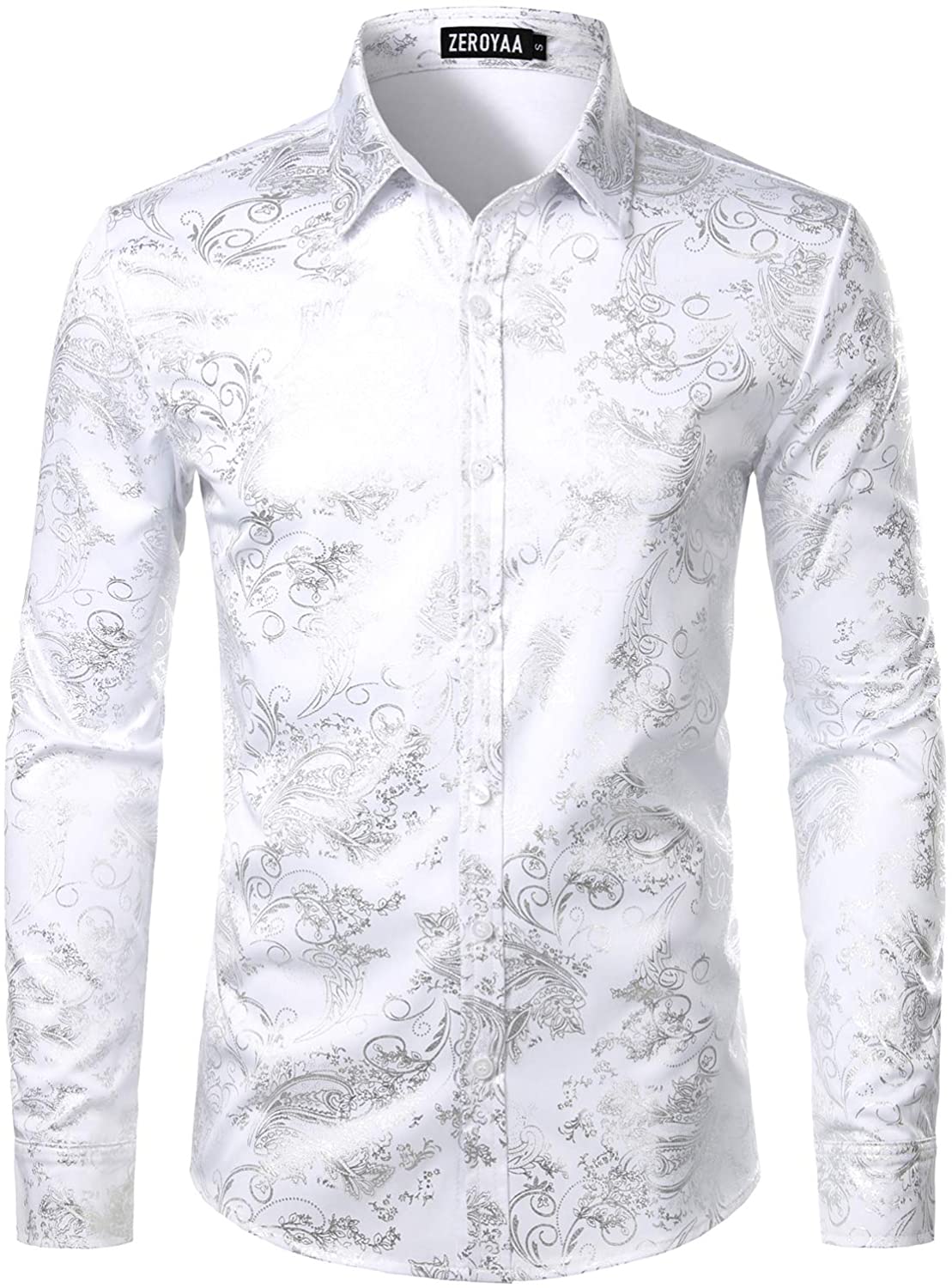 Shiny White Silver Printed Stylish Slim Fit Button Down Dress Shirt