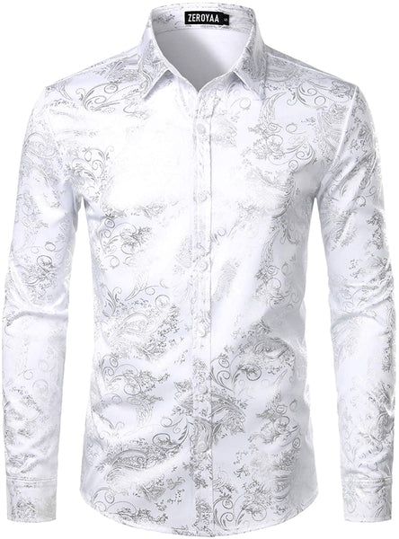 Shiny White Silver Printed Stylish Slim Fit Button Down Dress Shirt