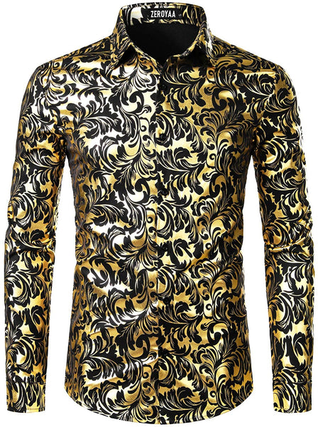 Shiny Black Gold Flame Printed Stylish Slim Fit Button Down Dress Shirt