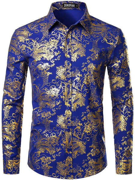 Shiny Black Gold Flame Printed Stylish Slim Fit Button Down Dress Shirt