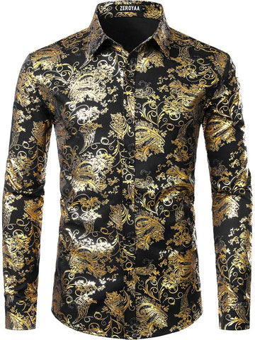 Shiny Black Gold Printed Stylish Slim Fit Button Down Dress Shirt