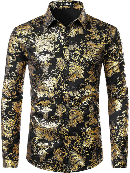 Shiny Black Gold Flame Printed Stylish Slim Fit Button Down Dress Shirt