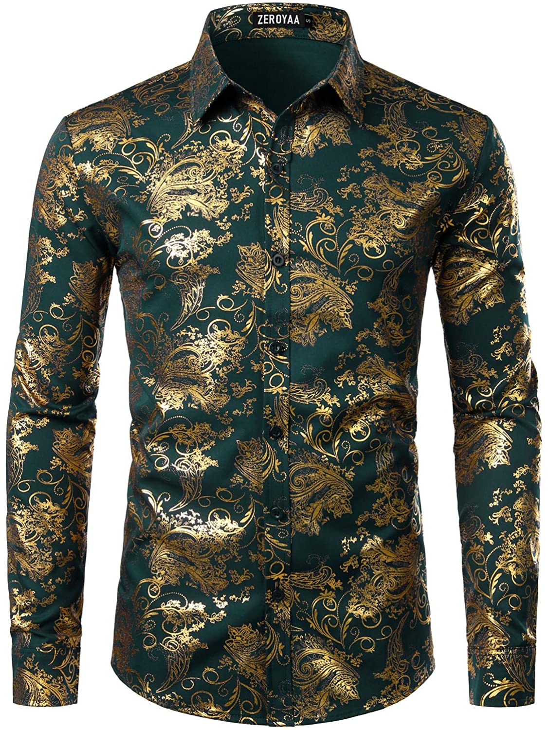 Shiny Forest Green Printed Stylish Slim Fit Button Down Dress Shirt