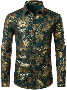 Shiny Forest Green Printed Stylish Slim Fit Button Down Dress Shirt