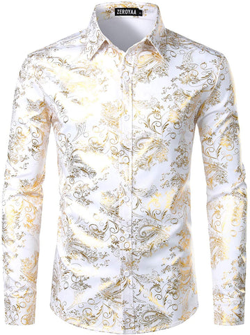 Shiny White Gold Printed Stylish Slim Fit Button Down Dress Shirt