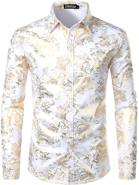 Shiny White Silver Printed Stylish Slim Fit Button Down Dress Shirt