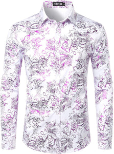 Shiny White Purple Printed Stylish Slim Fit Button Down Dress Shirt