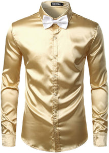 Luxury Champagne Shiny Silk Like Satin Button Up Shirts