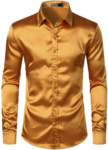 Luxury Gold Shiny Silk Like Satin Button Up Shirts