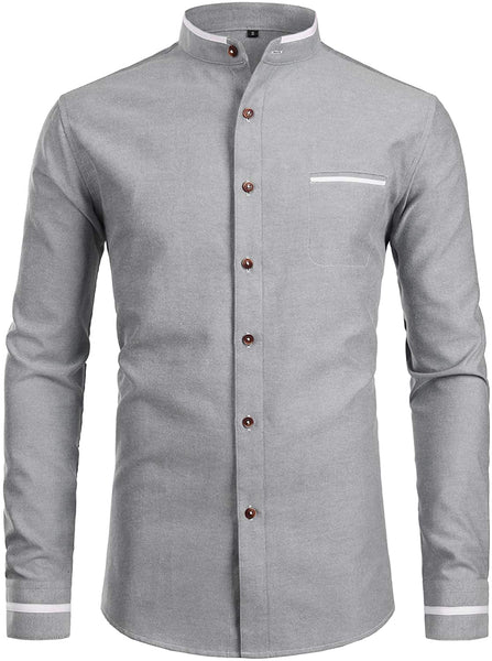 Mandarin Collar Slim Fit Casual Button Down White Long Sleeve Shirt with Pocket