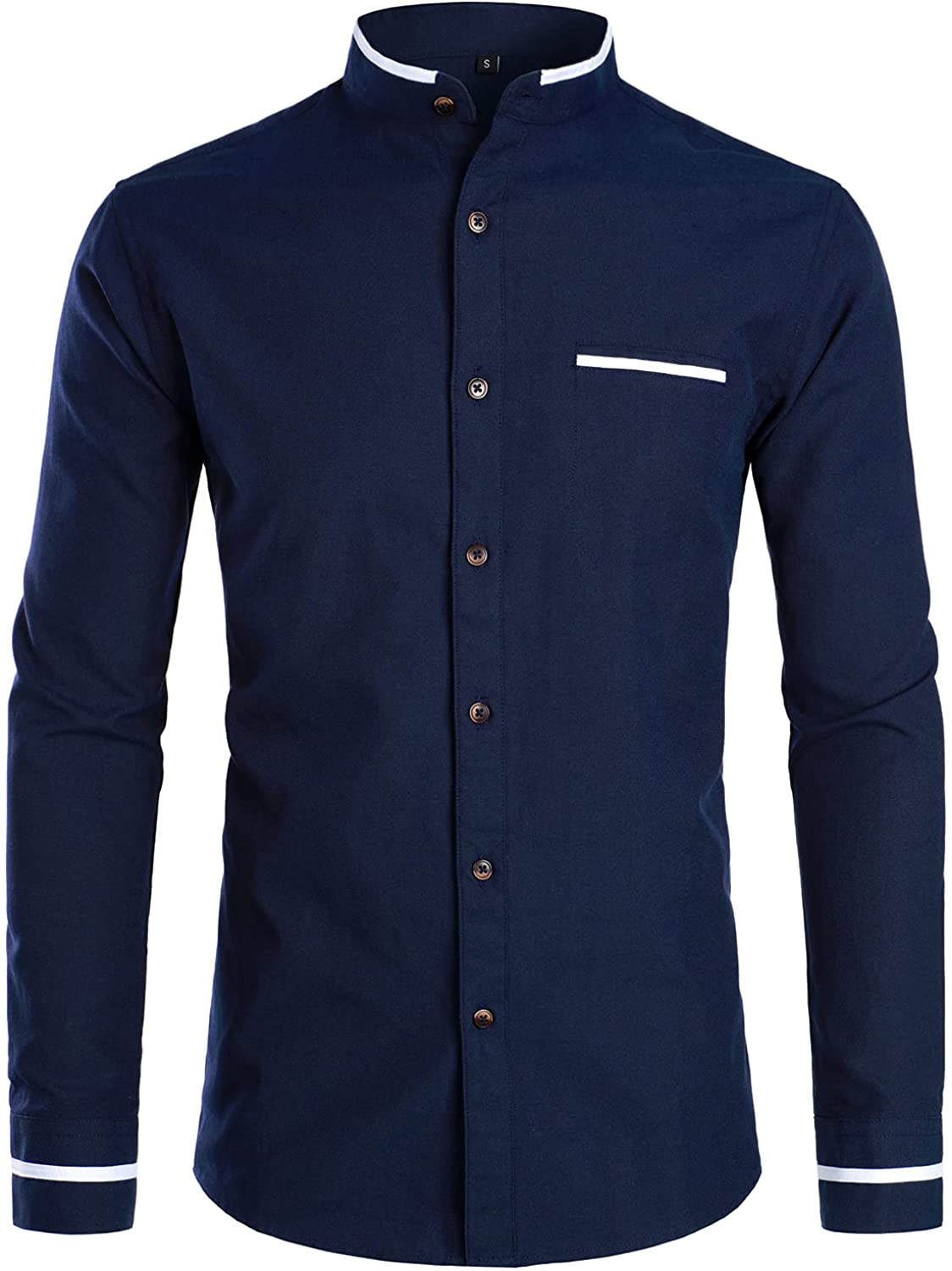 Mandarin Collar Slim Fit Casual Button Down Navy Long Sleeve Shirt with Pocket