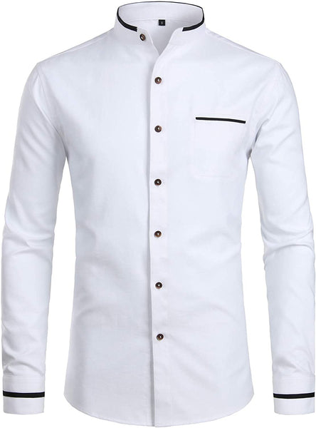 Mandarin Collar Slim Fit Casual Button Down White Long Sleeve Shirt with Pocket