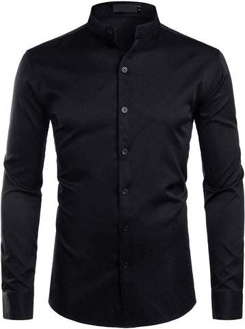 Mandarin Hipster Solid Black Slim Fit Long Sleeve Collar Shirts