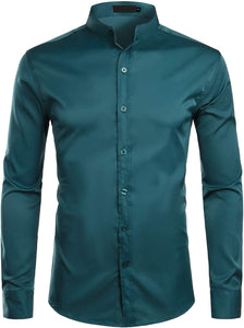 Mandarin Hipster Teal Slim Fit Long Sleeve Collar Shirts