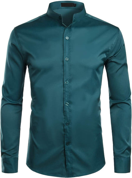 Mandarin Hipster Teal Slim Fit Long Sleeve Collar Shirts