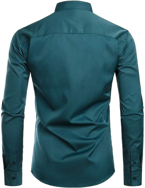 Mandarin Hipster Teal Slim Fit Long Sleeve Collar Shirts