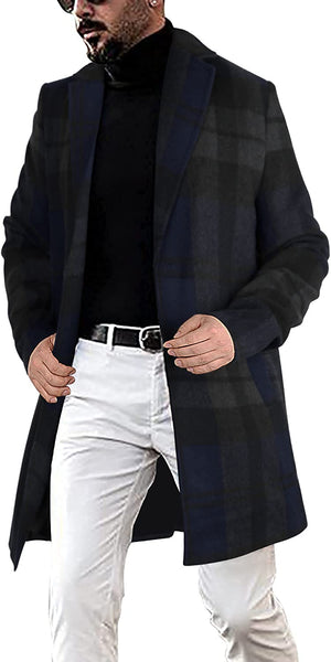 Men's Navy Blue Plaid Formal Trench Coat