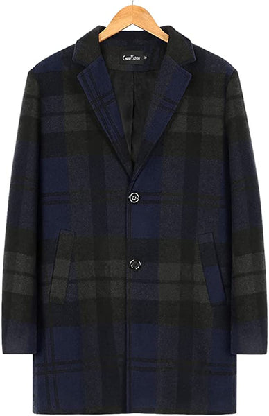 Men's Navy Blue Plaid Formal Trench Coat