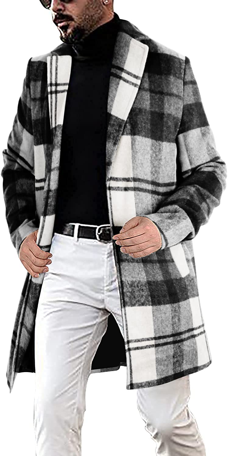 Casual Notched Collar White Plaid Formal Trench Top Coat