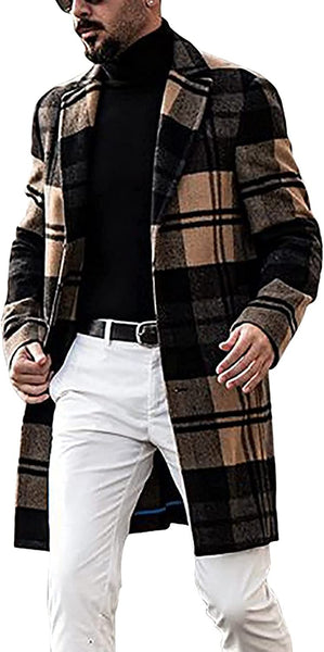 Men's Brown Plaid Formal Trench Coat