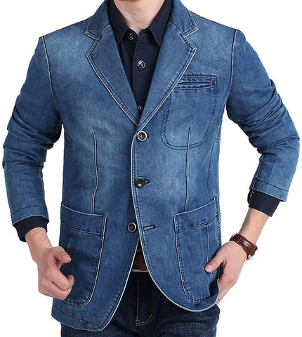 Men's Collar Blue Long Sleeve Distressed Denim Jacket