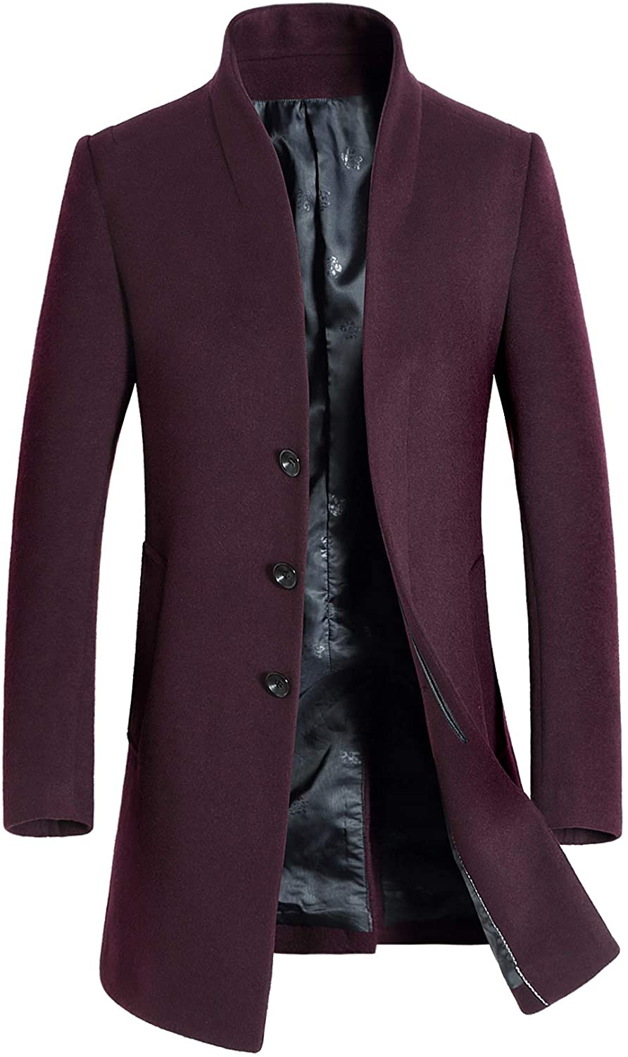 Men's Wine Mid-Length Single Breasted Wool Blend Top Coat