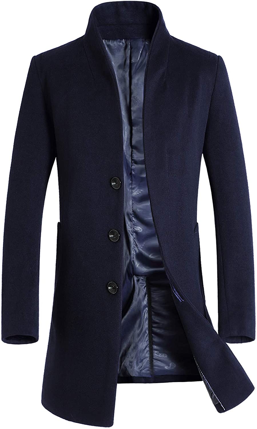 Men's Navy Mid-Length Single Breasted Wool Blend Top Coat