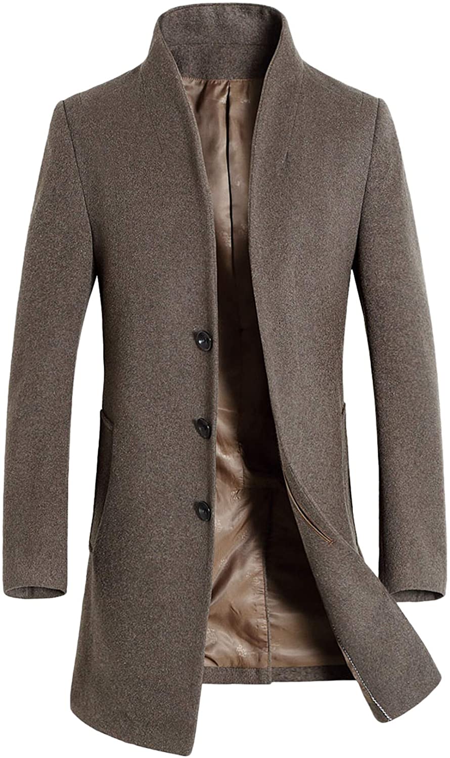 Men's Khaki Mid-Length Single Breasted Wool Blend Top Coat