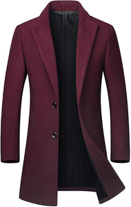 Men's Claret Mid-Length Single Breasted Wool Blend Top Coat