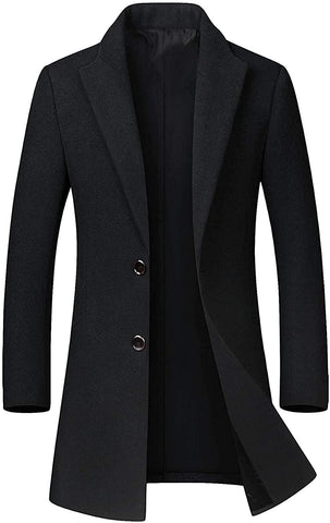 Men's Charcoal Black Mid-Length Single Breasted Wool Blend Top Coat