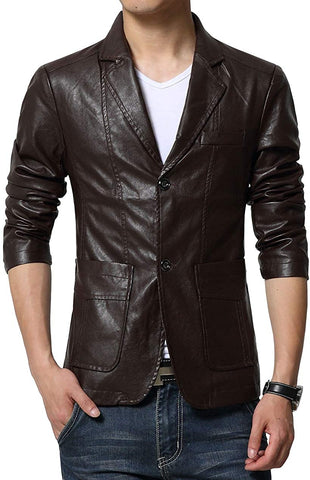 Men's Faux Brown Stylish Leather Suit Slim-Fit Blazer Jacket