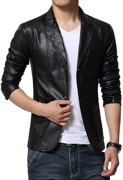 Men's 2 Button Faux Black Stylish Leather Suit Slim-Fit Blazer Jacket