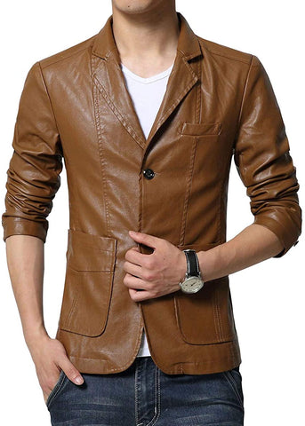 Men's Faux Tan Stylish Leather Suit Slim-Fit Blazer Jacket