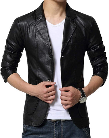 Men's 2 Button Faux Black Stylish Leather Suit Slim-Fit Blazer Jacket