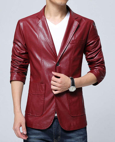 Men's Faux Red Stylish Leather Suit Slim-Fit Blazer Jacket