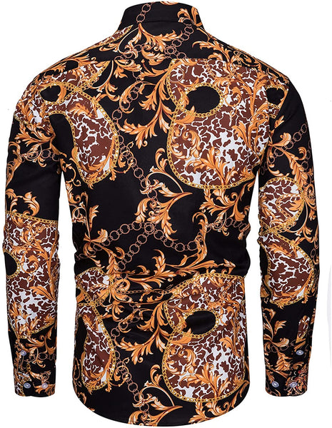 Men's Red and Black Long Sleeve Baroque Print Button Down Shirt