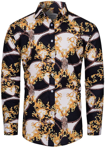 Men's Black Luxury Long Sleeve Baroque Print Button Down Shirt